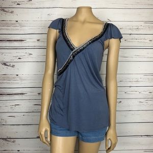 Silence + Noise Top Raw Beaded Faux Wrap Ruffles